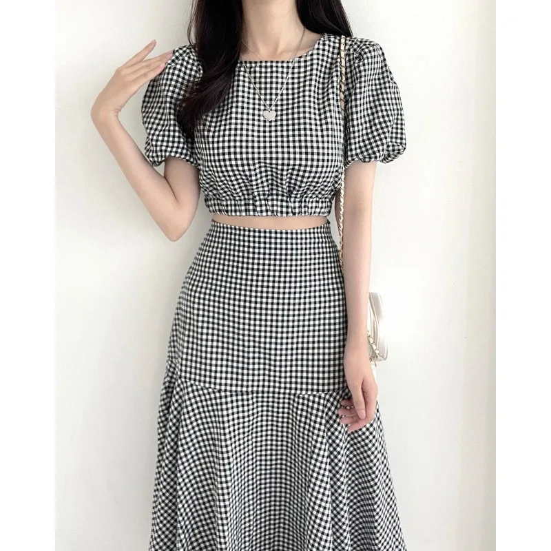 Summer Retro Plaid Vacation Bubble Sleeve Top and High Waist A-Line Midi Skirt Two-piece Set Women's Fashion Korean Style Outfit