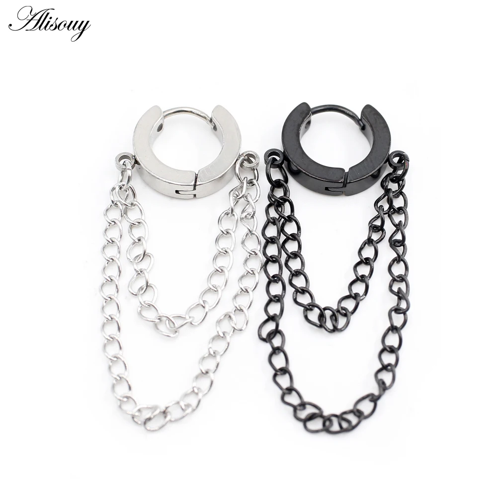 Alisouy 2pcs Punk Hiphop Gothic Stainless Steel Double-layer Chain Dangle Women Men Unisex Ear Stud Huggie Round Hoop Earrings