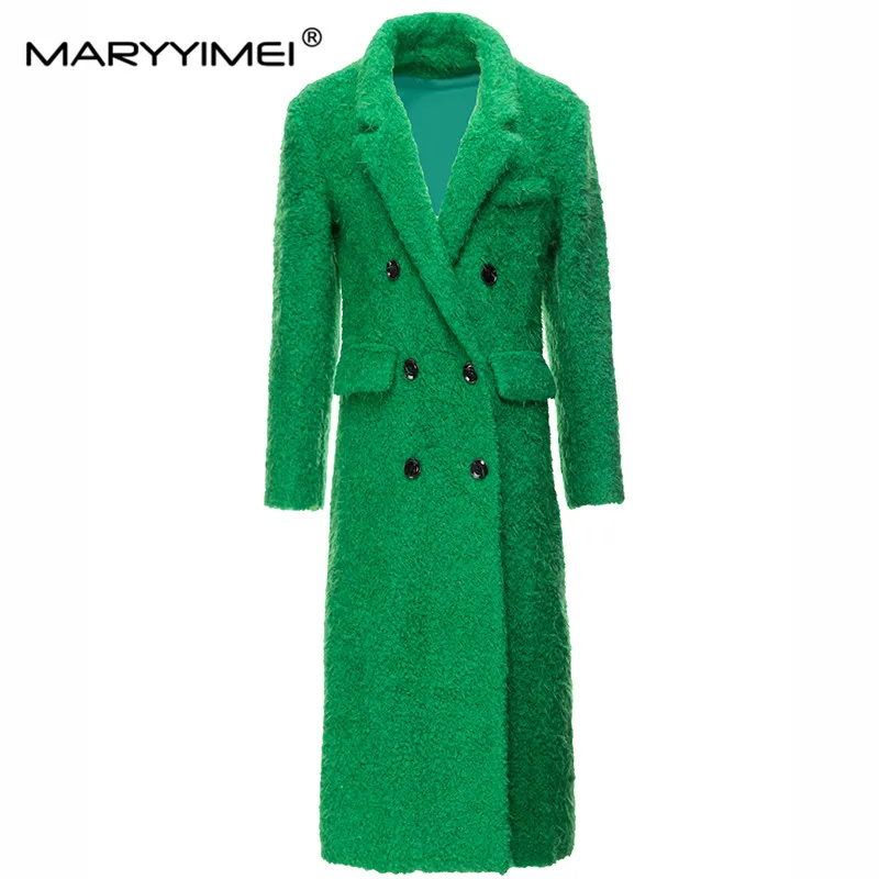 MARYYIMEI Winter Warm Turn-Down Collar Double Breasted Solid Forking Cashmere Slim Casual Overcoat