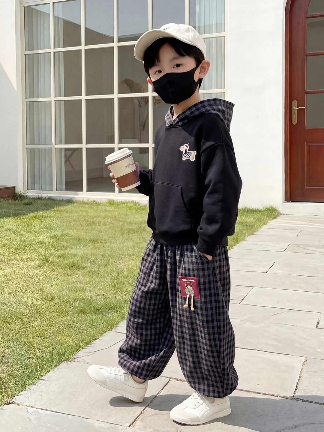 

Комплект из двух предметов: свитшот и брюки в клетку для мальчиков, весна-осень, спортивный повседневный костюм с длинными рукавами, модный образ для подростков