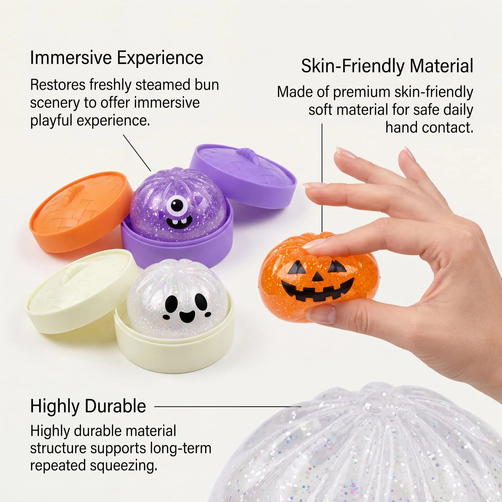Glitzer-Halloween-Druckknödel-Squishies, langsam aufsteigendes Stressabbau-Fidget-Spielzeug für Erwachsene, Anti-Angst-Brötchen-Geschenk