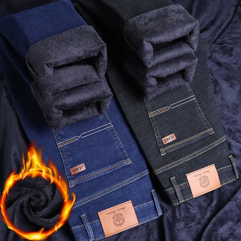 New Winter Men Fleece Warm Jeans Classic Style Business Casual Thicken Velvet Slim Denim Pants Brand Trousers Male Size 28-42