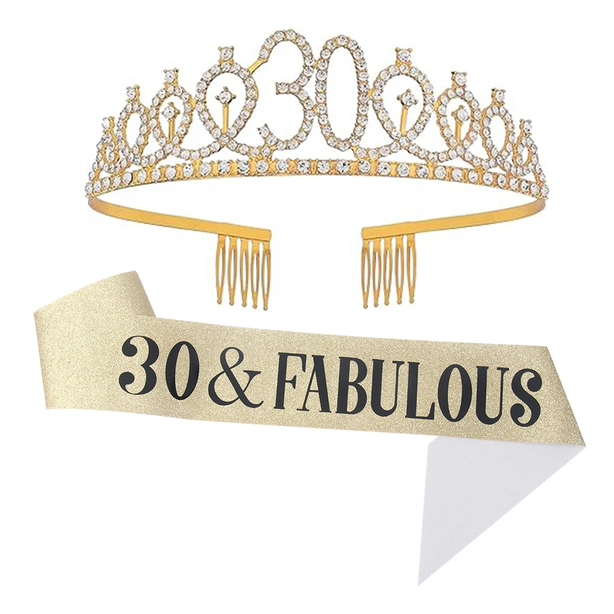 

Gold Silver Glitter Birthday Tiara & Sash for Women Glitter Crystal Crown Sash Set 30 40 50th Birthday Party Decor Favor Gift