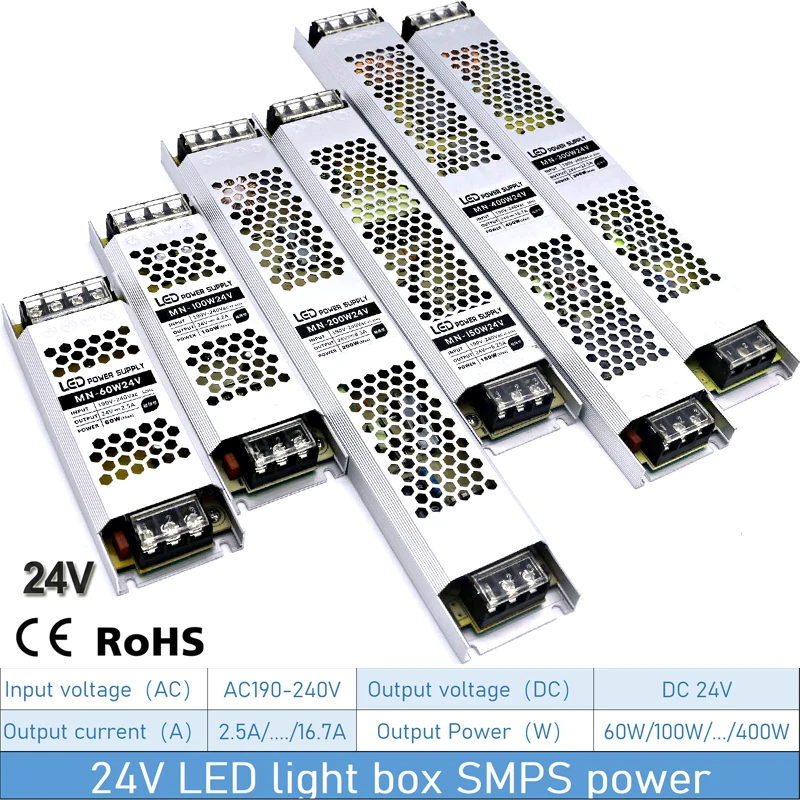 24V ultracienki zasilacz 220V do DC 24V 60W 100W 150W 200W 300W 400W Cabo podświetlana tablica LED napęd konwerter bez wentylatora wyciszenie