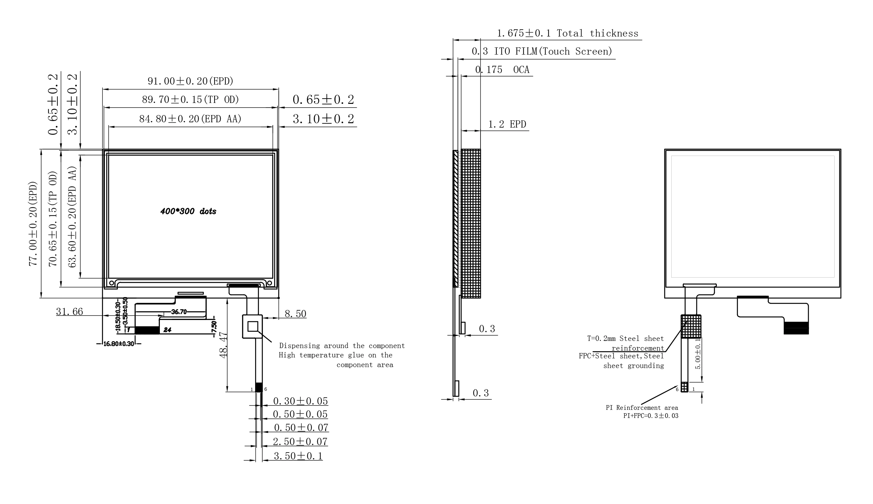 GooDisplay Touch E-Paper 4,2 polegadas E-Ink exibe HAT 0,3s Atualização 400 × 300 pixels, GDEY042T81-T02