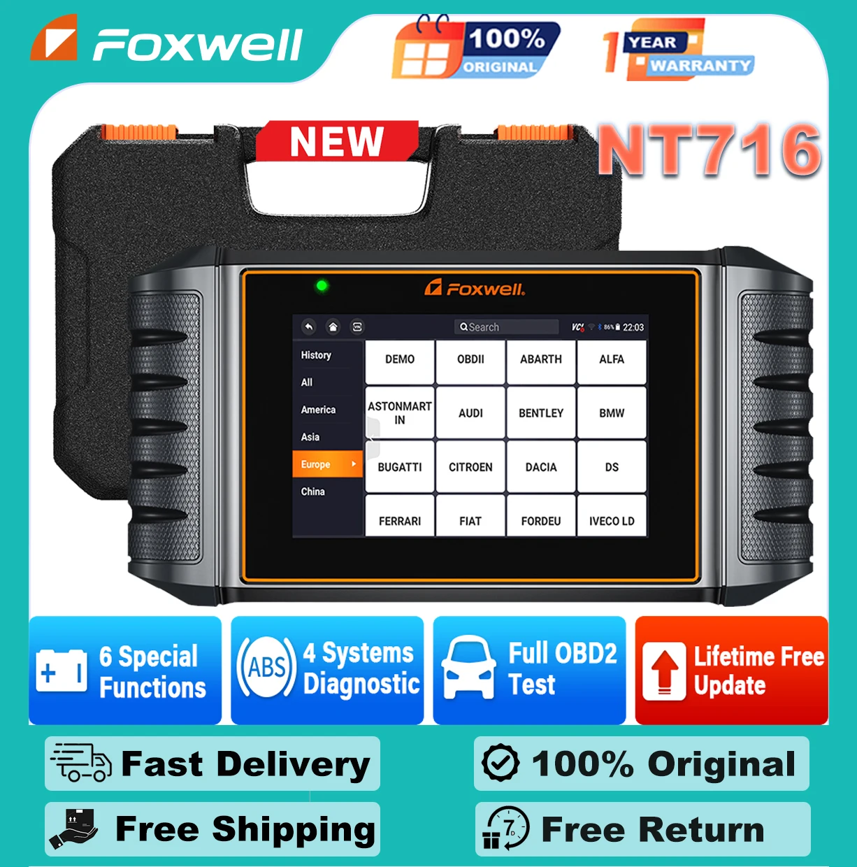 

FOXWELL NT716 OBD2 Scanner Diagnostic Tool Four System 9 Resets ABS BMS SRS Transmission Engine Code Reader Diagnose Tester