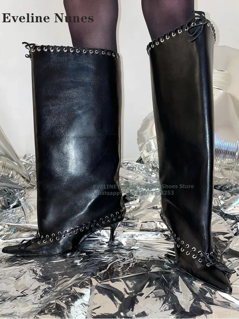 Black Eyelets and Whipstitching Level Boots 2024 New Arrivals Trend Pointed Toe Rubber Kitten Heel Solid Fashion Knee High Boot