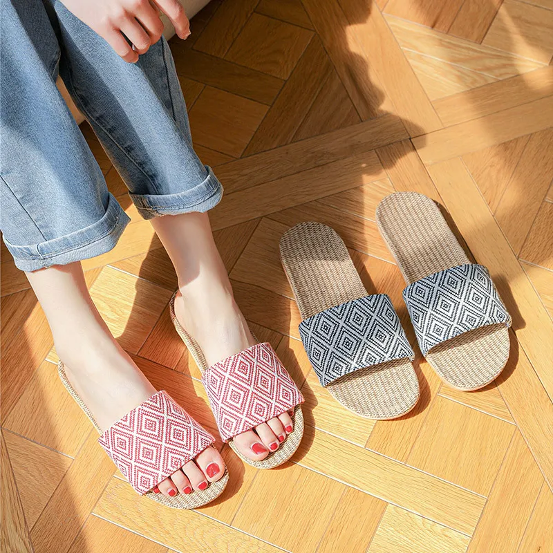 Unisex New Women Indoor Floor Flat Shoes Spring Autumn Couple Linen Flip Flops Home Slippers Female Slipper Comfortable Slides