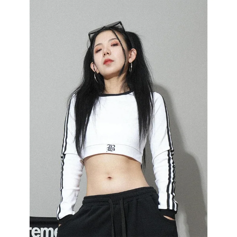 Hikigawa Chic Fashion Women Y2k Long Sleeve T-Shirt Jazz Sports Cropped Striped Contrast Color Slim Streetwear Casual Top Mujer