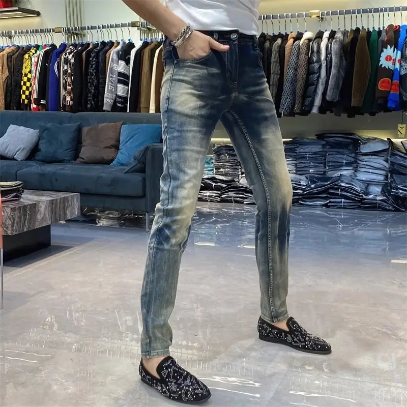 

Тонкие прямые джинсы с талией в стиле ретро, мужские модные молодежные длинные брюки, осенние новые удобные эластичные джинсовые джинсы