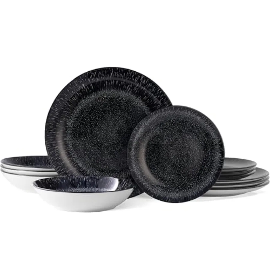 12-Piece Round Porcelain Dinnerware Set, Service for 4, Chip Resistant Plates and Bowls, Black, Dishwasher and Microwave Safe f