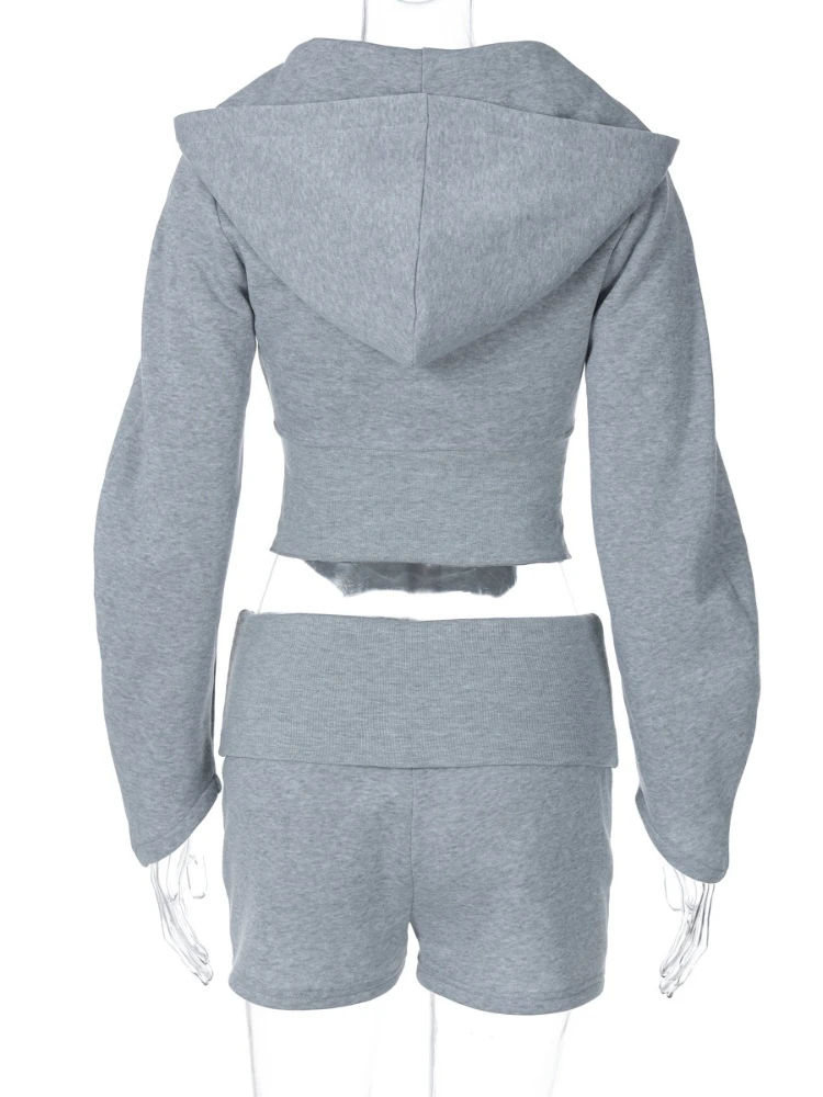 FDYOUI Mode Capuchon Zip-up Corset Sweatshirts en Shorts 2-delige set Dames Sexy Effen Grijze Hoodies Korte Broekpak Streetwear