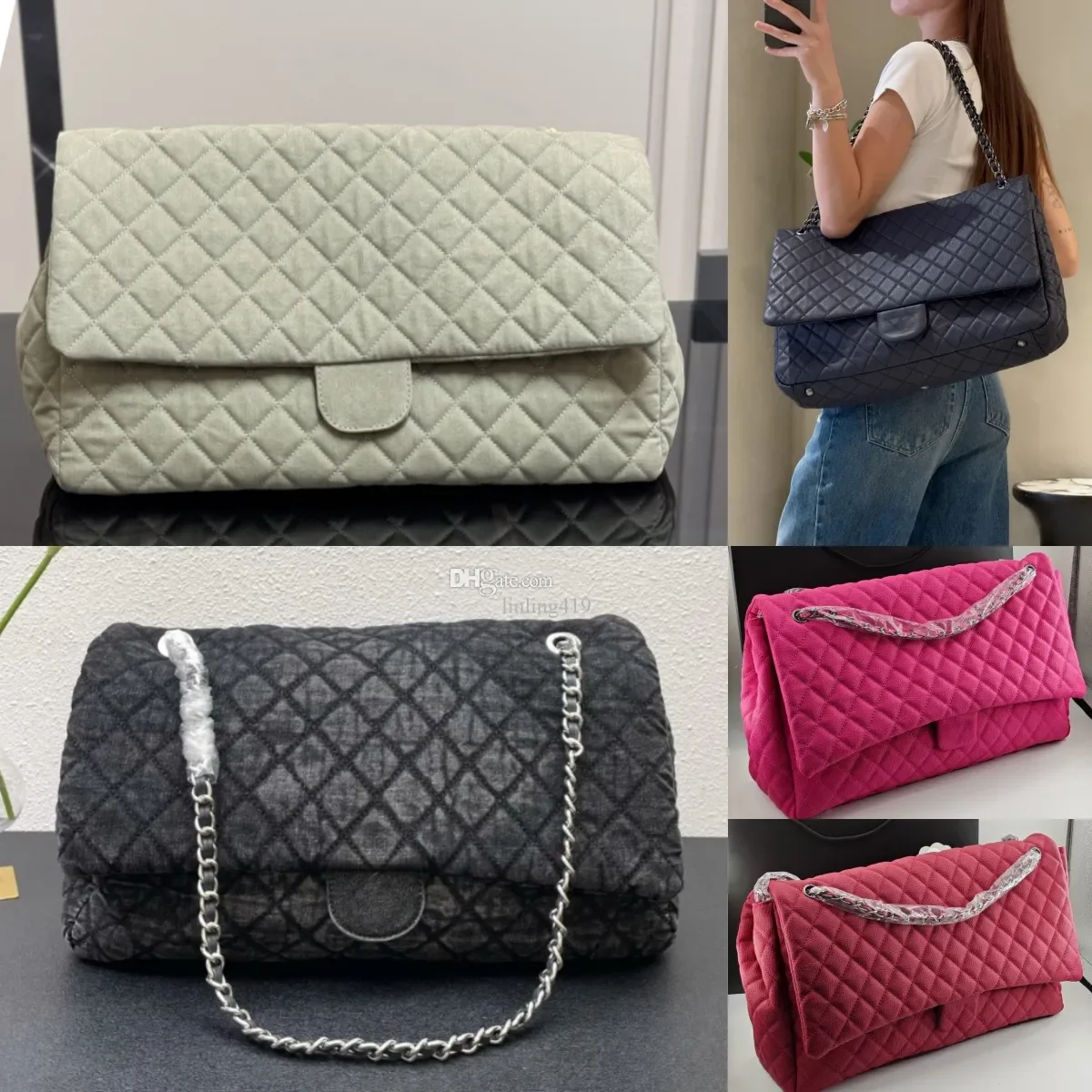 

Classic largest single cover bag 46cm shopping bag, caviar leather quilted bag, cowhide silver/gold ch crossbody bag