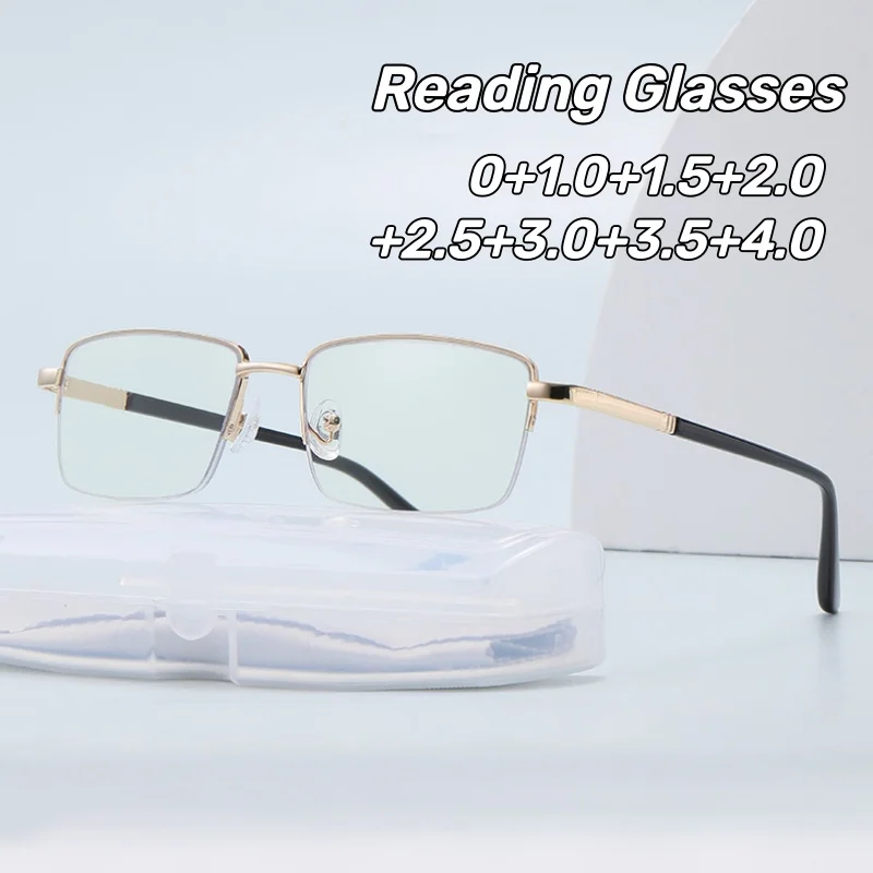 

Fashion Metal Semi-Rim Presbyopia Glasses Retro Square Frame Blue Light Blocking Reading Glasses Unisex Business Glasses