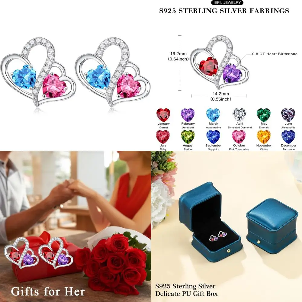 أقراط جوهرة الميلاد على شكل قلب مزدوج من الفضة الإسترليني - أفكار هدايا الذكرى السنوية وأعياد الميلاد للسيدات #1