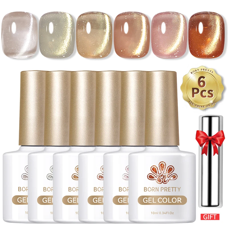 BORN PRETTY Pink Gold Cat Magnetic Gel Nail Polish Set of 6 Colors Gold Glitters Gel Polish Set Starter Gel Kit for Nails DIY