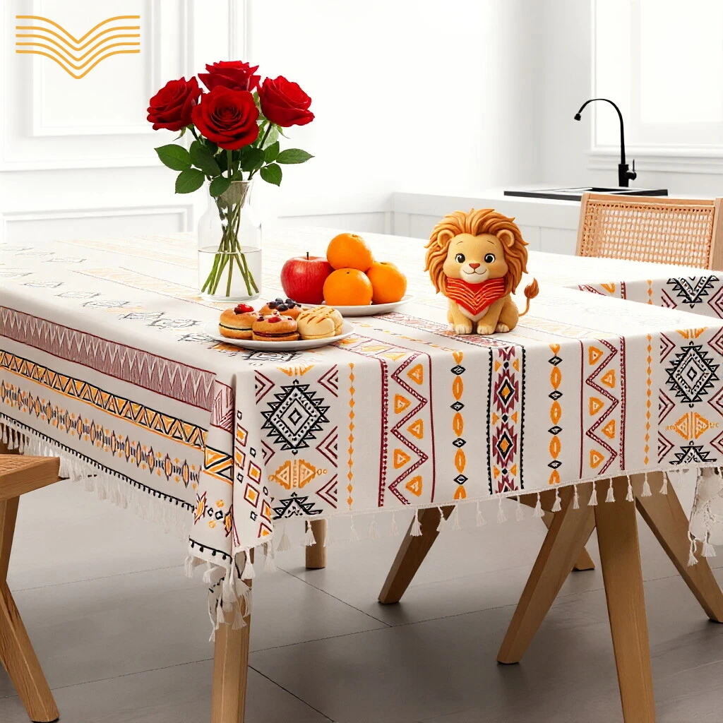 Boho & French Floral Printed Tassel Tablecloth Imitation Linen Waterproof Oilproof Rectangle Table Cover Vintage Decor Desk Mat