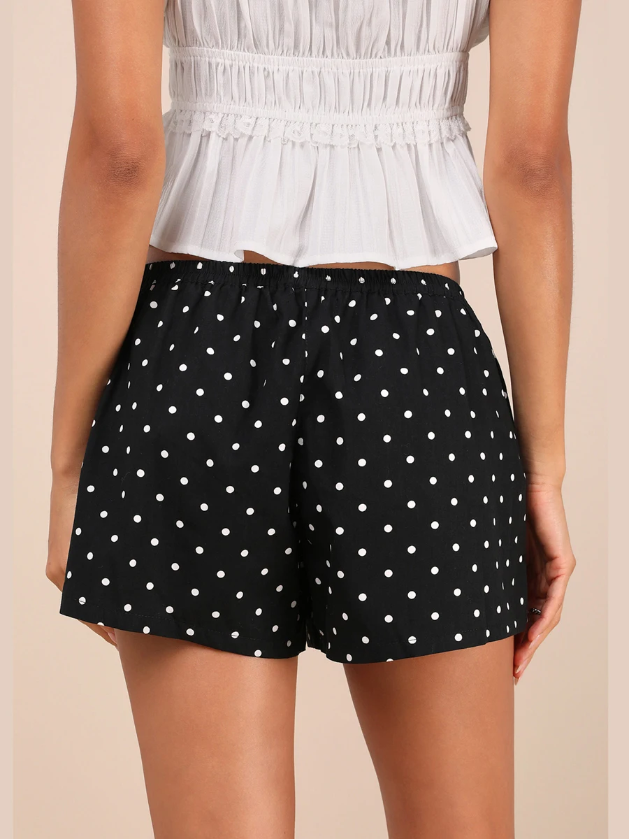 Women Summer Casual Shorts with Pockets Dot Pattern Elastic Low Rise Loose Fit Wide Leg Shorts Leisure Lounge Sleep Bottoms Y2K