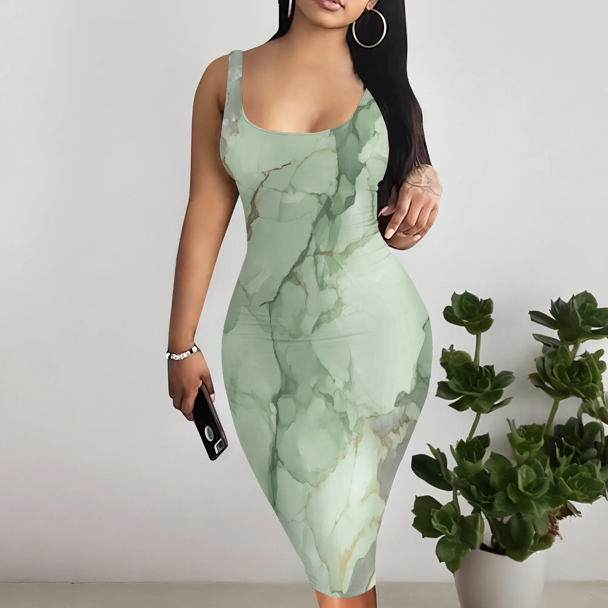 

Light Green Marble Print Bodycon Dress for Women 2025 Sexy Spaghetti Strap Summer Midi Clubwear S-3XL