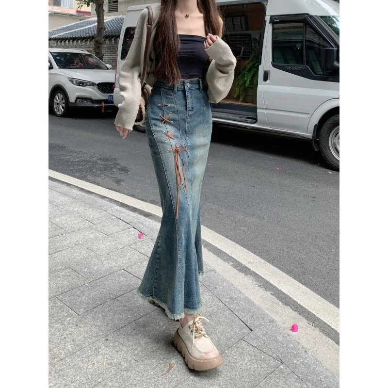 

Retro Rough Edge Denim Skirt Women's Spring Niche Straps High Waist and Thin Medium and Long Hip-wrapped Fishtail Skirt