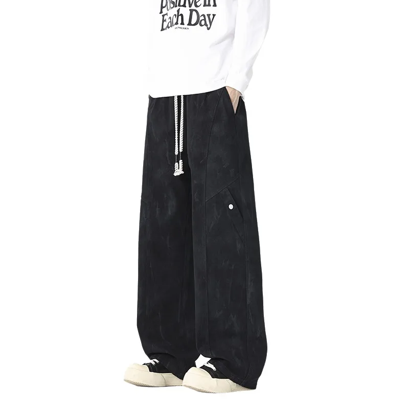OIQERE Mens Plus Size Pure Cotton Curved Cut Wide Leg Pants Loose Fit Casual Long Trousers For Streetwear