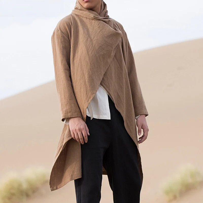Men's Cotton Linen Long Sleeve Coat Asymmetrical Hem Casual Style Windbreaker Thin Fitted Jacket for Autumn Season