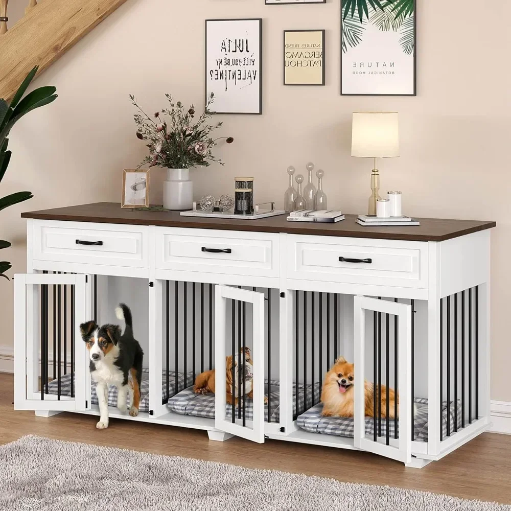 

Dog Crate, 71 Inch Wooden Large Dogs Kennel with Drawers, 3 Rooms & Removable Dividers, Style Dog Crate House End Table