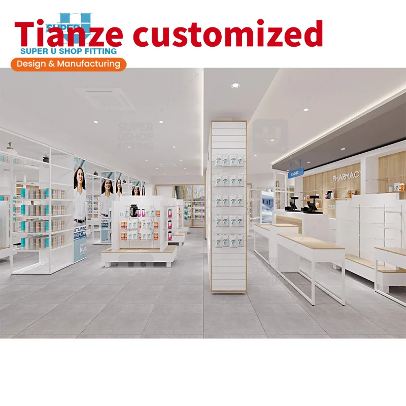 

(customized)Retail Pharmacy Shop Interior Furniture Design Drugstore Shelves Rack Medical Store Decoration Wooden White Displays