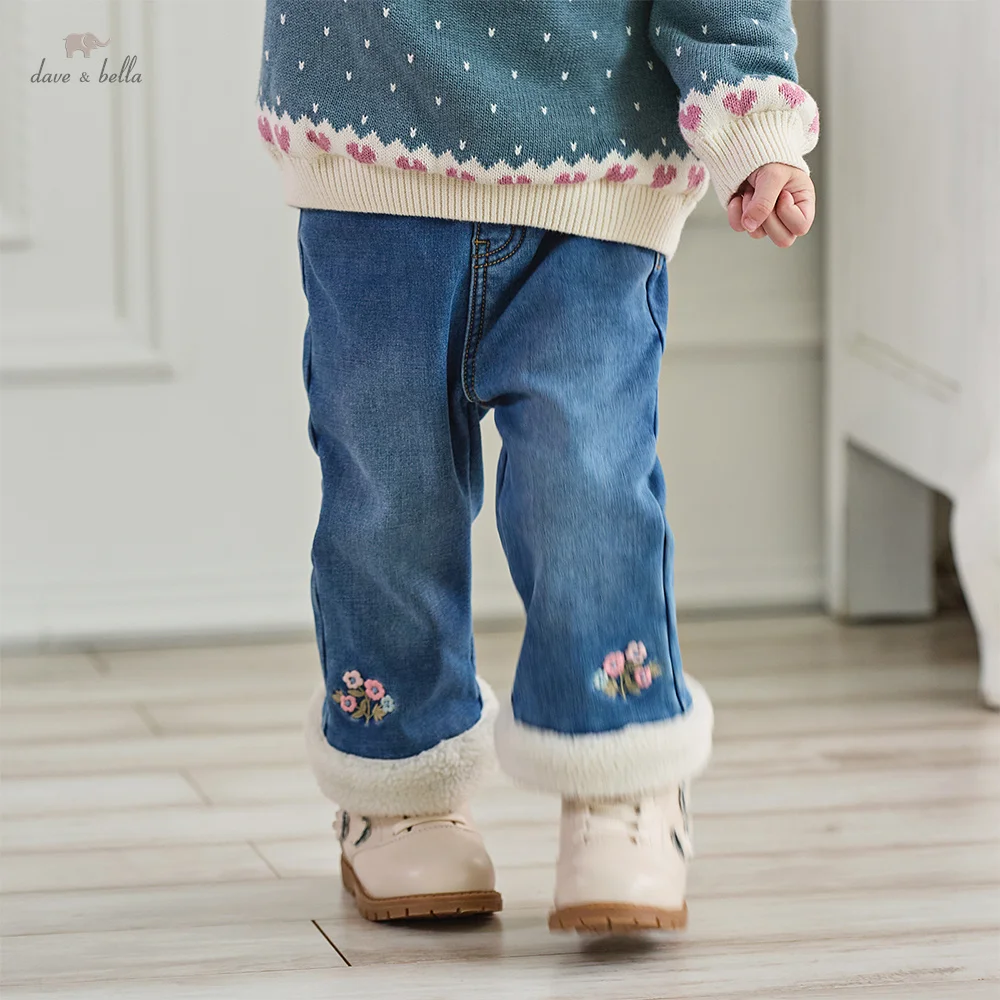 Dave Bella Children's Pants Winter Girl's Flared Trousers Fashion Casual Sweet Cute Floral Denim Pants Loose Outdoor DB4254126
