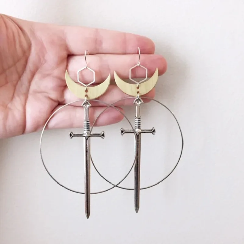 Goth Golden Color Moon Excalibur Statement Earrings Ring Sword Eardrop Big Sword Punk Statement Mystical Jewellery Women Gift