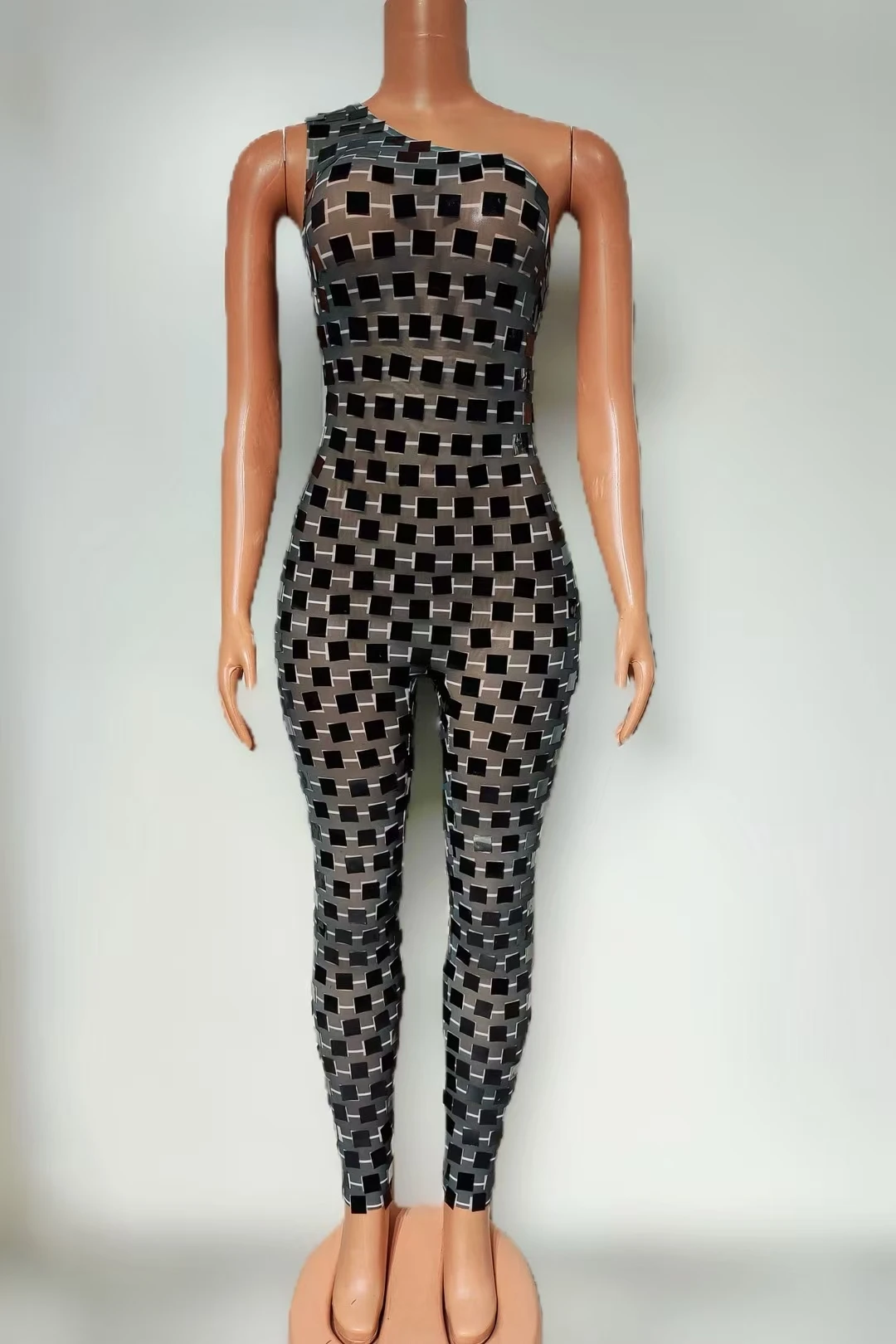 

Black Sparkly Sequin Mesh See-through Jumpsuit Sexy Club Bar Stage Performance Costume Concert One-shoulder Tight One-piece Suit