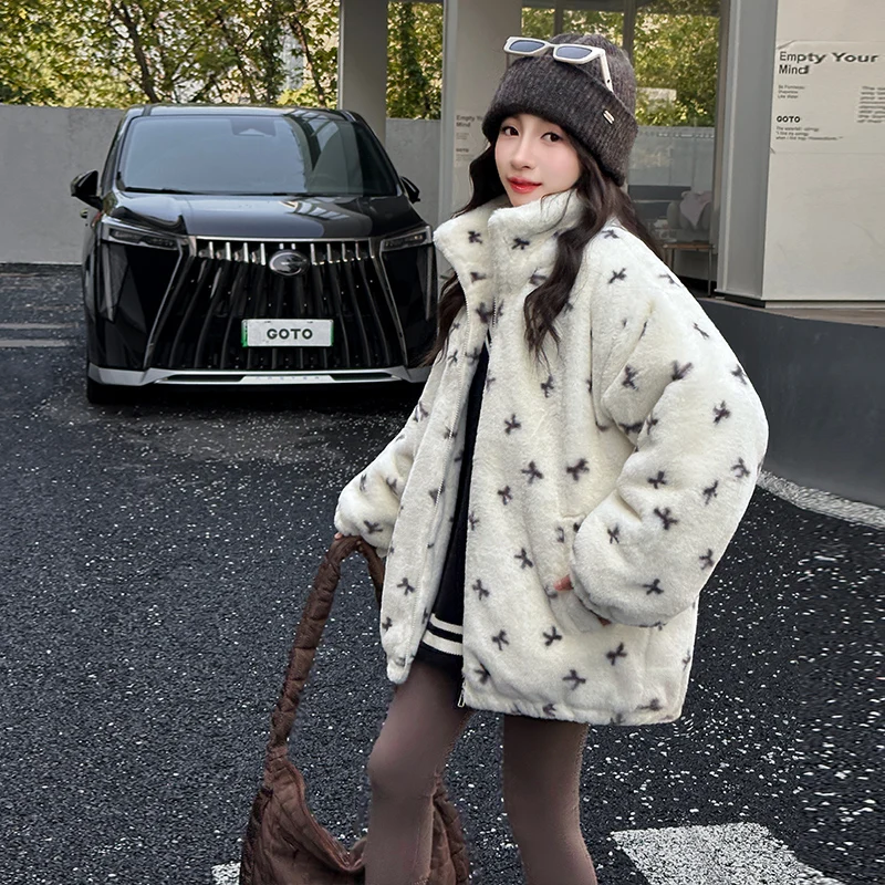 2025 Winter Children's Bow Plush Coat Autumn Thick Plush Boys' Field Warm Jacket Girls' Long Sleeve Cotton Coat