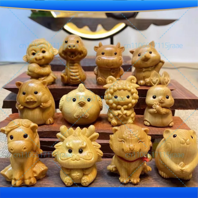 wooden the twelve Chinese zodiac signs animal sculptures figurines  Cute Home Room Office Decorative small model suit