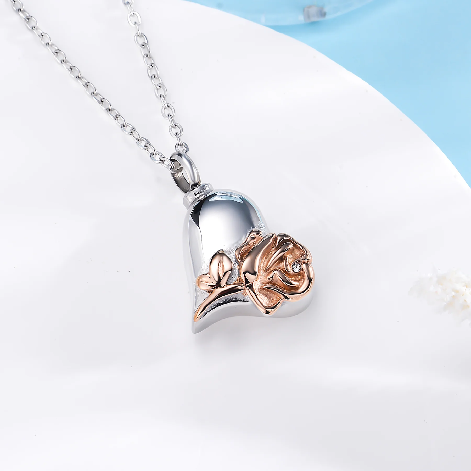 Herz mit Rose Urnen-Halskette aus Edelstahl mit Strasssteinen, Liebeskremations-Anhänger für Asche, Andenken-Schmuck für Frauen – Detail 4