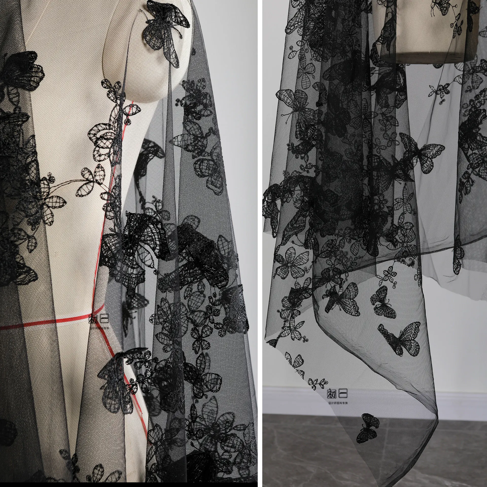 Black Three-Dimensional Embroidery Gauze Cloth Creative Wedding Gown Dress Handmade Clothing Designer Fabric
