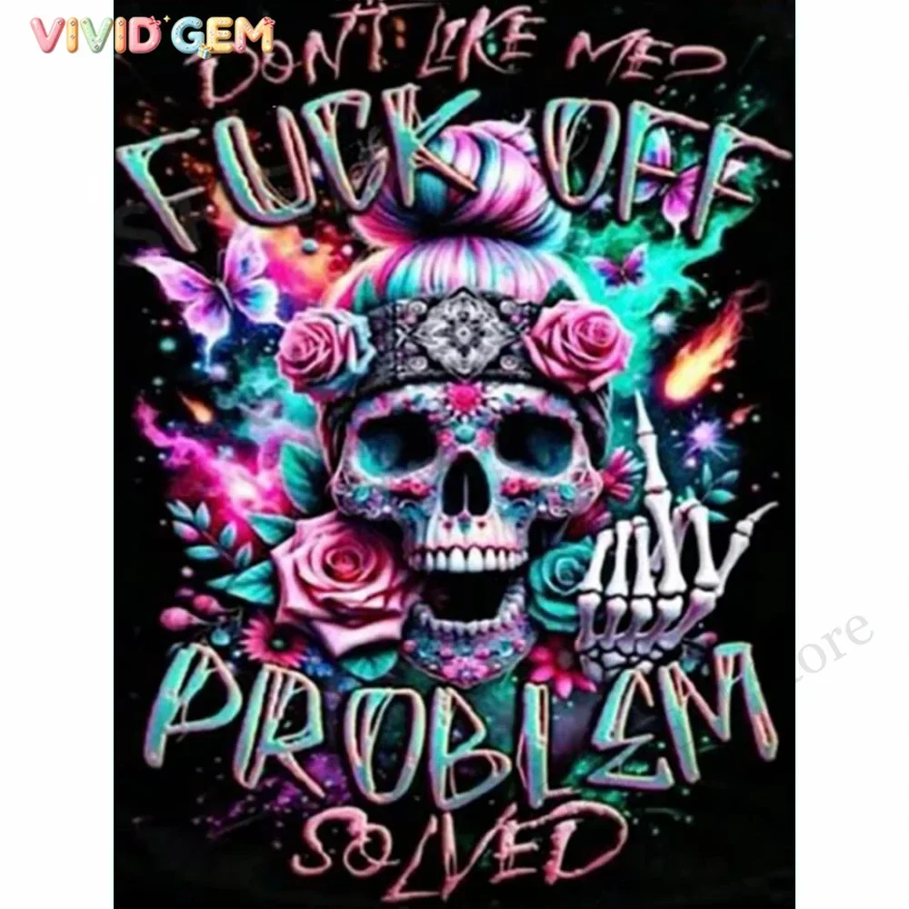 VIVID GEM DIY Sugar Skull Diamond Painting Pink Rose Butterfly Middle Finger Skeleton Hand Art Exquisite Creative Gift Home D