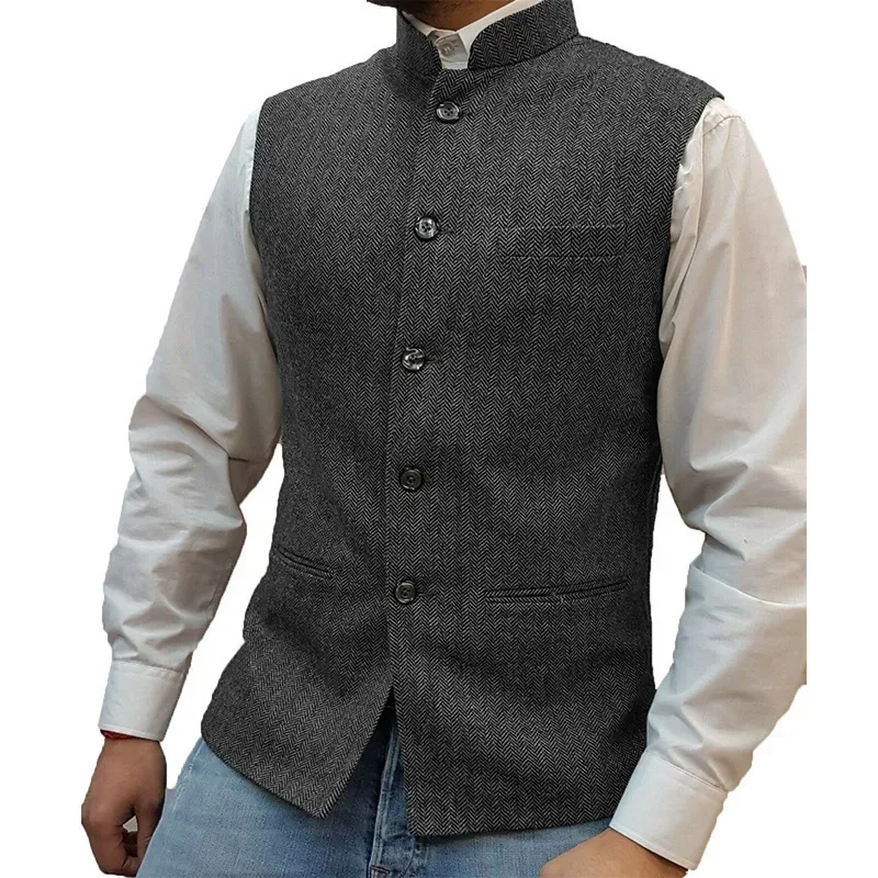 

Men's Vest Zhongshan Collar Herringbone Pattern Vest Groom's Wedding Dress Suit Vest