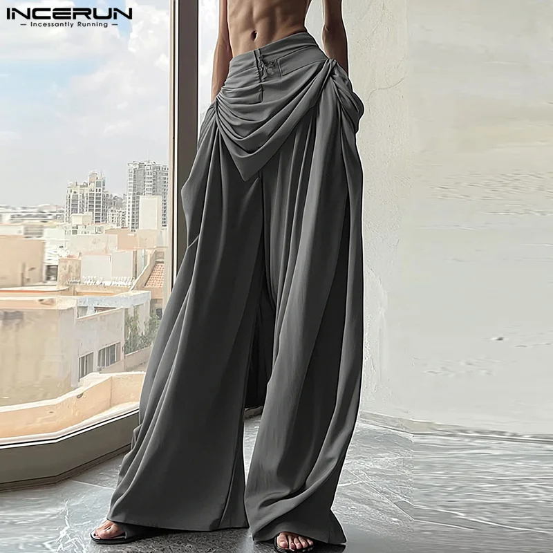 INCERUN 2024 American Style Stylish Wide Leg Pants Casual New Men Pantalons Streetwear Loose Pleated Solid Straight Leg Trousers