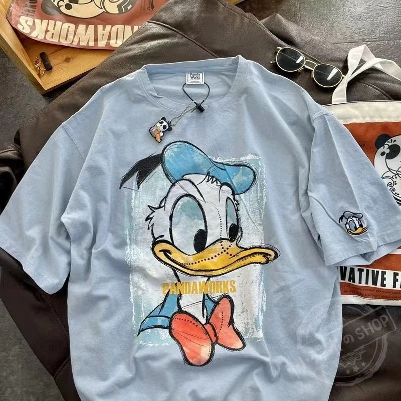 Kawaii Disney Donald Duck Anime T Shirt kadın sevimli karikatür Harajuku yazlık T-shirt Ullzang grafik Y2K Streetwear Tshirt kızlar