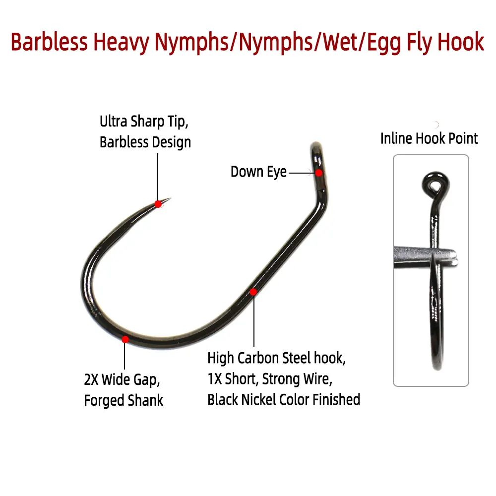 50 Stück widerhakenlose Wide-Gap-Down-Eye-Haken für schwere Nymphen/Nymphen/Wet/Nestfliegen und Salzwasserfliegen, Größe 10 # ~22 # – Detail 3