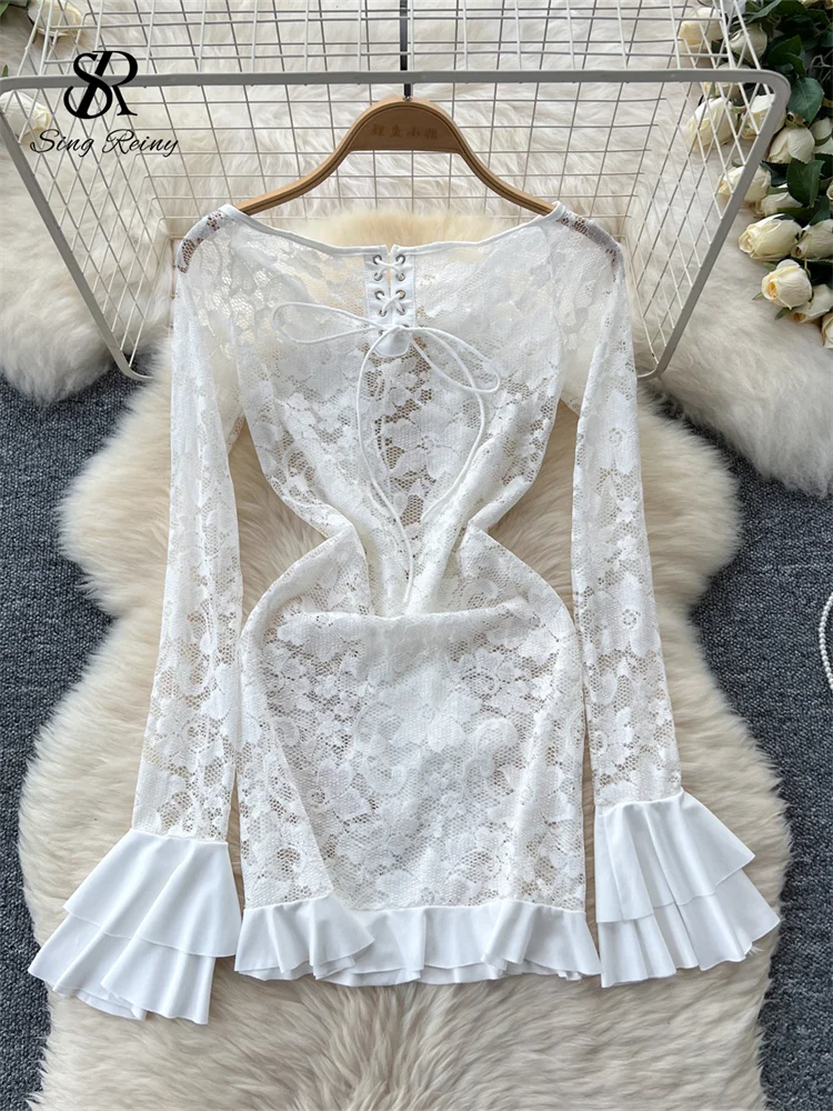

SINGREINY Women Lace Hollow Out Sexy Dress Fashion Flare Sleeve Sheer Short Dress Female Ruffles Lace Up Sheer Streetwear Dress