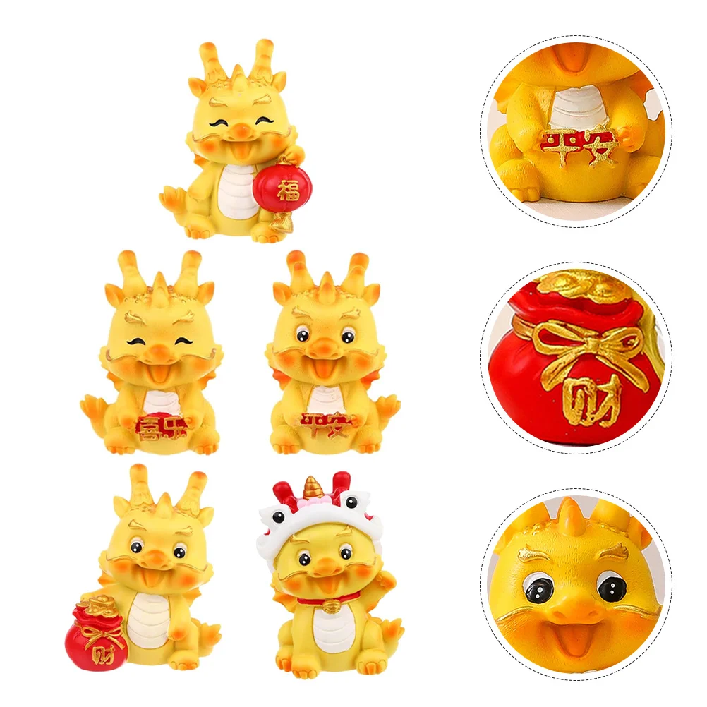 5 statuette di drago in miniatura in resina, decorazioni zodiacali a forma di drago per scrivania, giardino, prato, cortile, balcone.