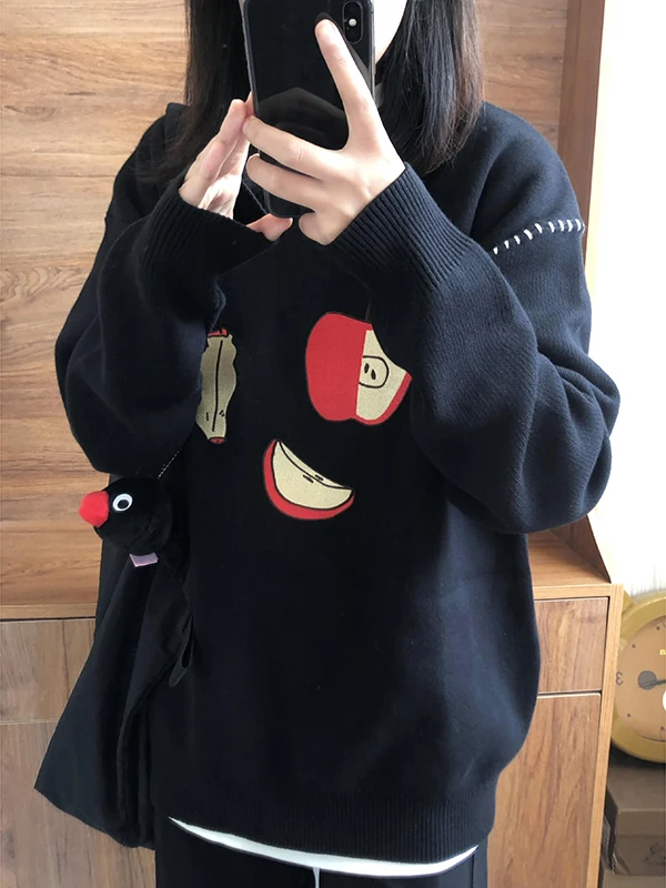 Retro American round Ne Sweater Women's Loose Lazy Sle Bla Overhead Fun Top Thiened Polyester Fiber Long Sve