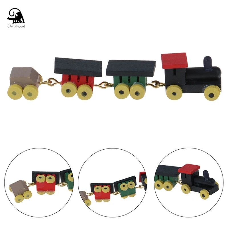 Accesorios de casa de muñecas en miniatura para decoración de casa de muñecas, Mini tren de madera colorido, modelo de simulación de juguetes, 1/12