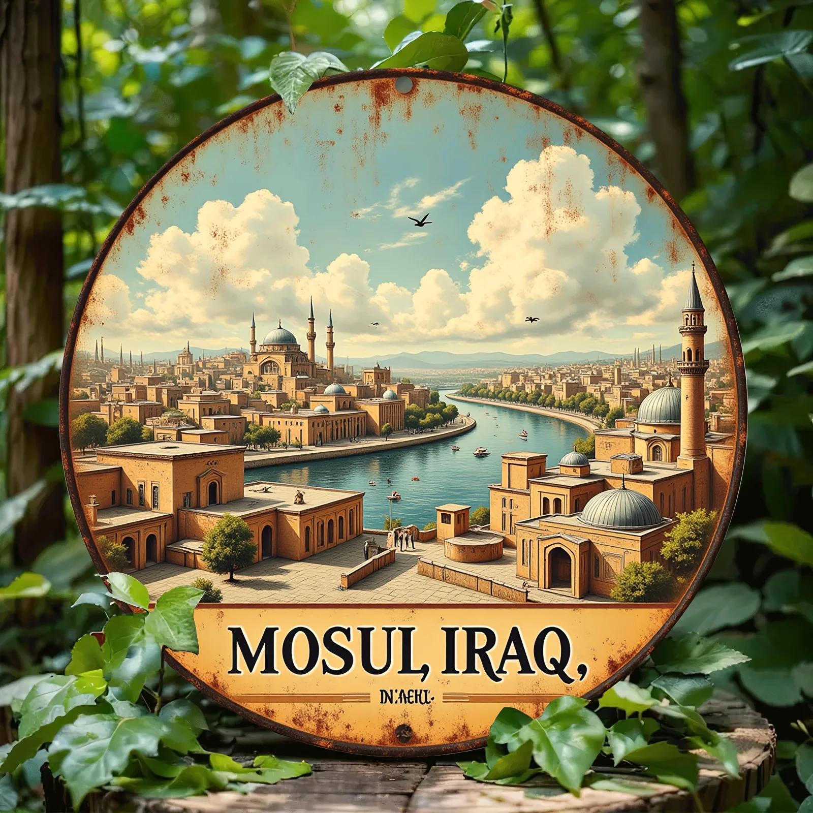 Mosul Iraq Mosque River Ancient City Scenery Round Metal Sign 7.87Inch/20cm 2D Flat Global Travel Home Wall Decor Gift