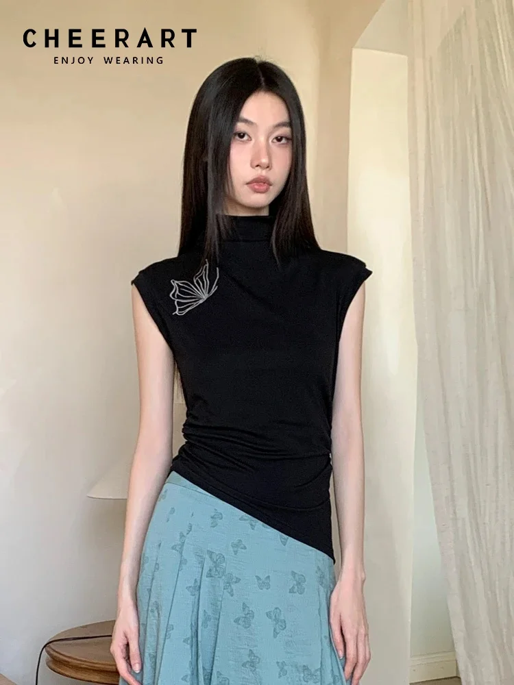 CHEERART Vintage Butterfly Sleeveless Black T Shirts Women Turtleneck Asymmetrical Top Designer Fashion Crop Top Clothing