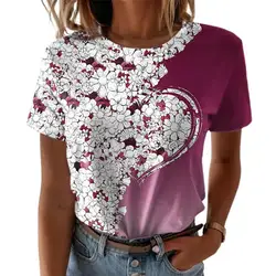 Crew Neck Short Sleeve Girls T-shirt Shink Resistant Floral Heart Print Lady Top Streetwear