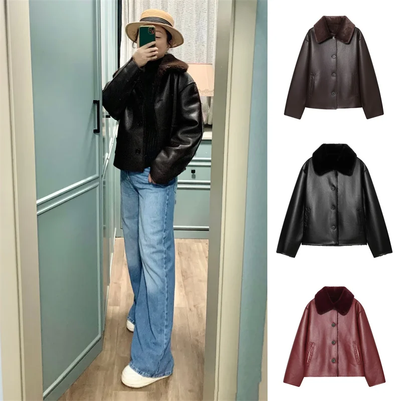 Guobioziy Women's Jacket 2026 Winter New Style Elegant and High-End Loose Faux Leather and Shearling Double-Sided Wear Jacket