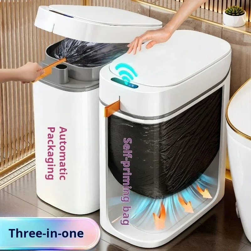 Smart Motion Sensor Trash Can, Rechargeable Bin with Auto Garbage Bag Adsorption for Kitchen Bathroom Living Room