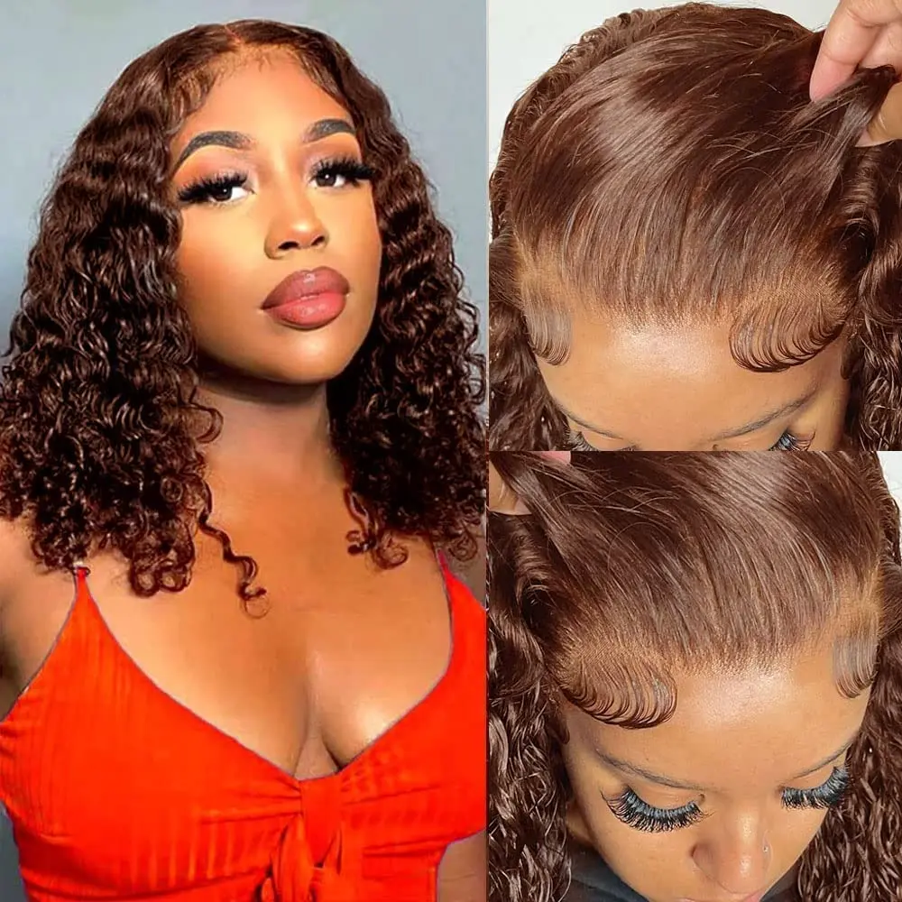 Dark Chocolate Brown Deep Wave Curly Wigs Short 12" 16" Human Hair Pre